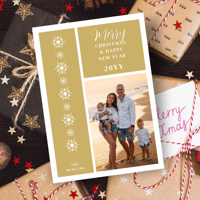 Photo Christmas Modern Geometric Squared Shapes Holiday Card (Christmas Snowflakes Modern Geometric Squared Shapes In Faux Gold with Photo Holiday Card.)
