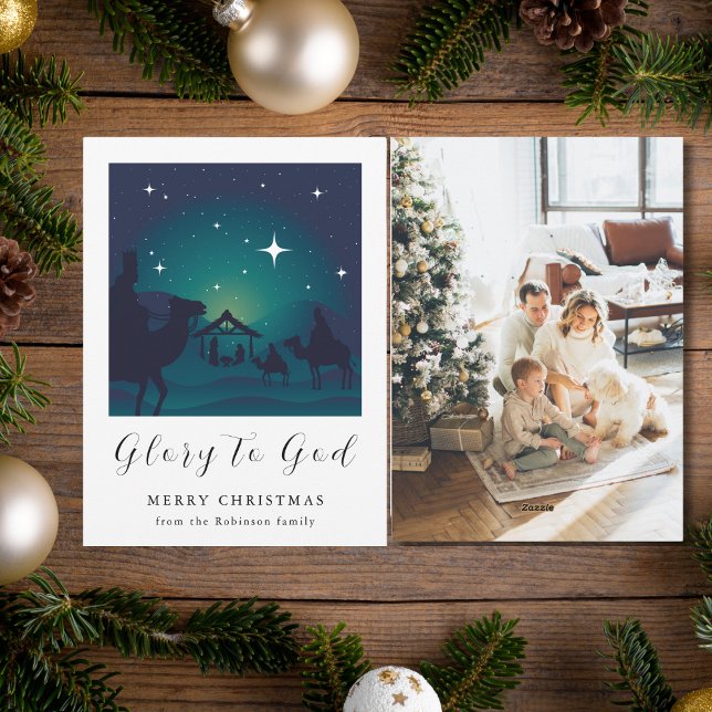 Photo Christmas Nativity Scene Glory to God Holiday Card (Creator Uploaded)