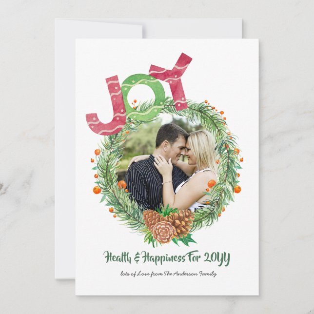 PHOTO Christmas New Years JOY WREATH Personalized Holiday Card (Front)