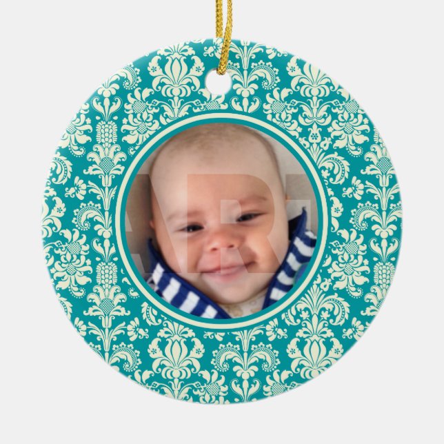 Photo Christmas Ornament-Blue & White Damasks Ceramic Ornament (Front)