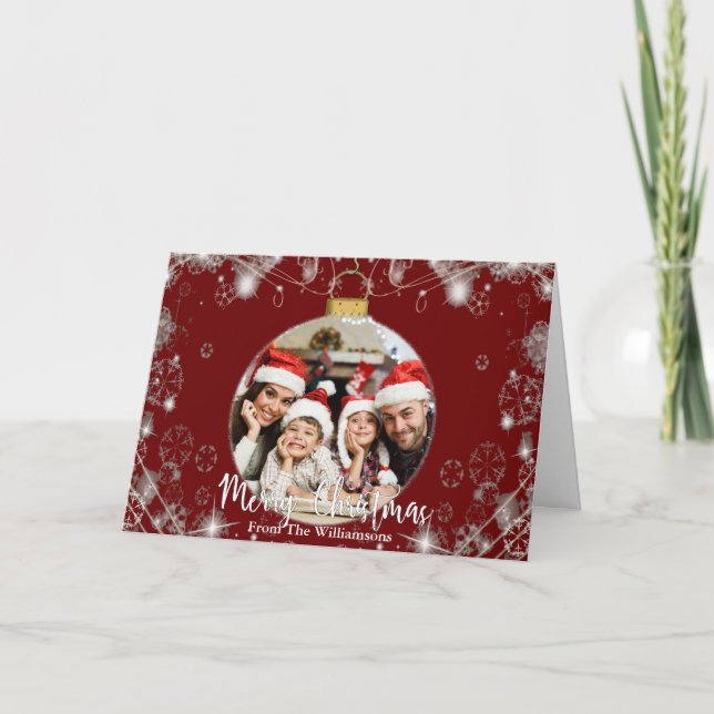 Photo Christmas Ornament With Snowy Swirls on Red Holiday Card (Front)