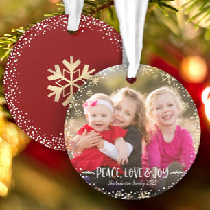 Photo Christmas Peace Love Joy Gold Snowflake Bold Ornament