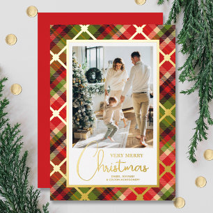 Photo Christmas Plaid Gold Foil Holiday Card