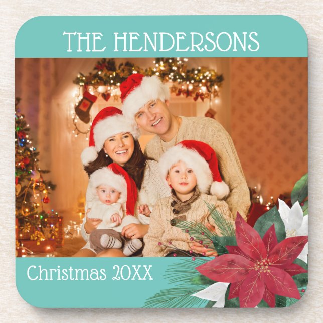 Photo Christmas Poinsettia Beverage Coaster (Front)