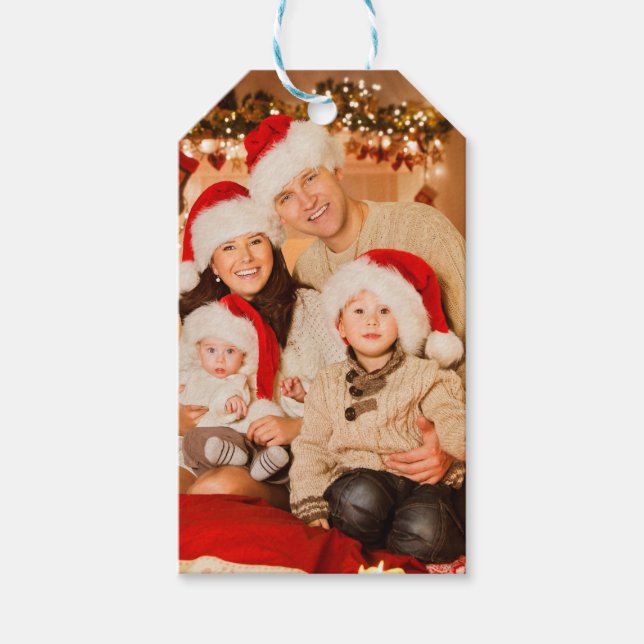 Photo Christmas Poinsettia Green Gift Tags (Front)
