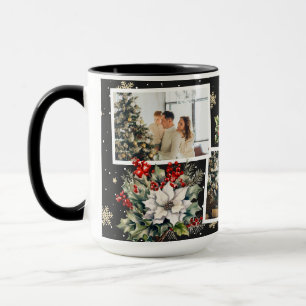 Photo Christmas Poinsettia Holly Berries Black Mug