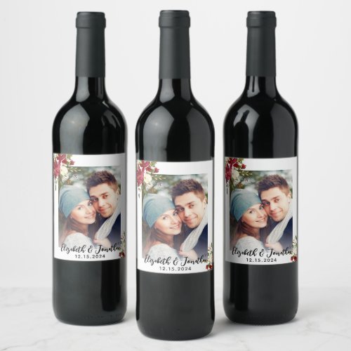 Photo Christmas Poinsettia Script Custom Wedding Wine Label