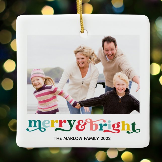 Photo Christmas Rainbow Colorful Merry & Bright Ceramic Ornament (Creator Uploaded)