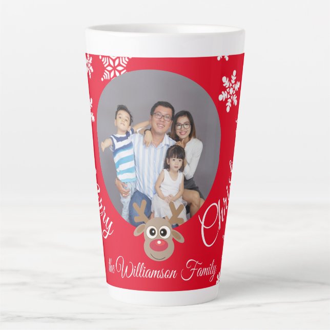 Photo Christmas Red Cute Reindeer White Script Latte Mug (Front)