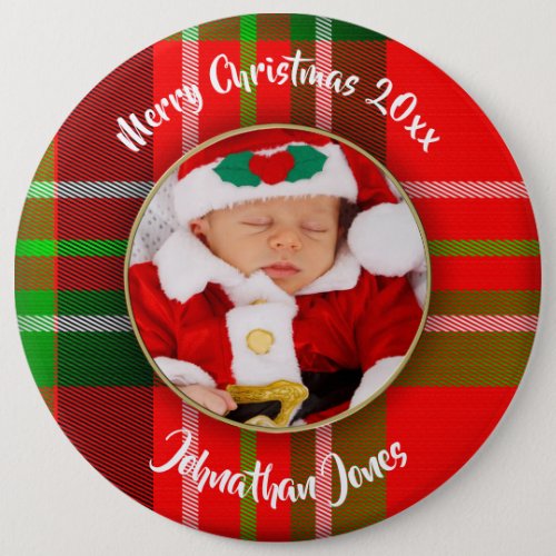 Photo Christmas Red Round Tartan Picture Frame Button