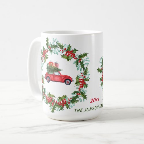 PHOTO Christmas Red Truck Holly Wreath Watercolor Coffee Mug