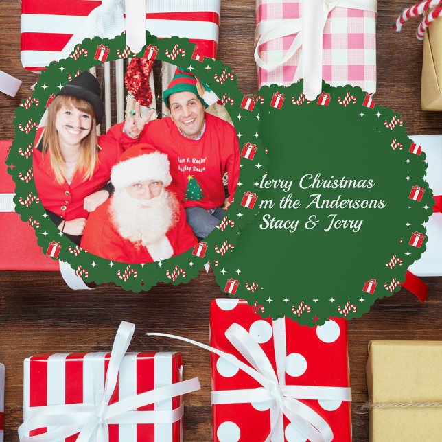 Photo Christmas Santa Candy Cane Names Green Paper Ornament Card (Photo Christmas Santa Candy Cane Names Green Paper Ornament Card)