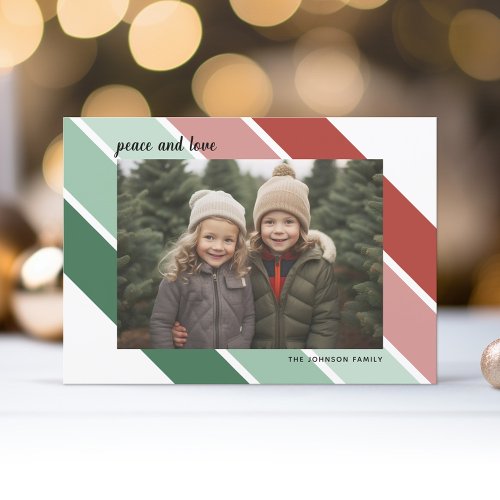 Photo Christmas Script Retro Red Green Stripes Holiday Card