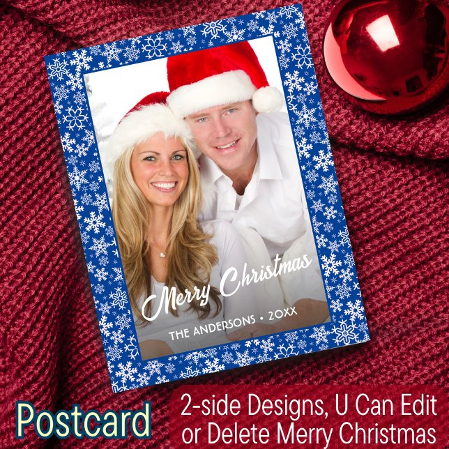 Photo Christmas Snowflake Elegant Script Blue Holiday Postcard (Creator Uploaded)
