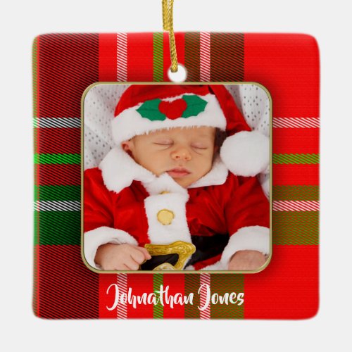 Photo Christmas Square Tartan Picture Frame Red Ceramic Ornament