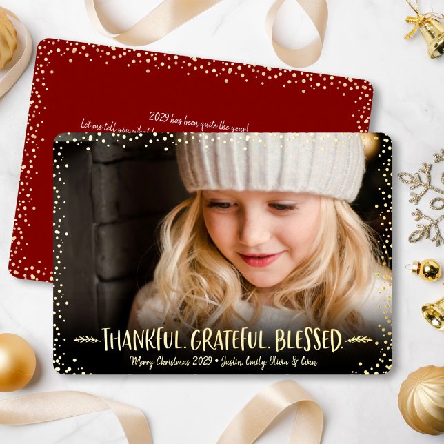 Photo Christmas Thankful Grateful Blessed Gold Foil Holiday Card (Creator Uploaded)
