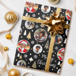 Photo Christmas Trees Custom Name Black Wrapping Paper<br><div class="desc">Make your gift extra special with this personalized name wrapping paper and five photos for you to replace with your own family,  friends or pets! A stylish holiday design featuring festive little Christmas trees,  snowflakes and stars in a palette of black,  white and gold color.</div>