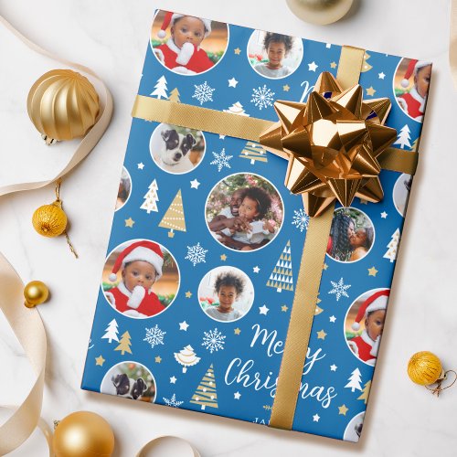 Photo Christmas Trees Custom Name Blue Wrapping Paper
