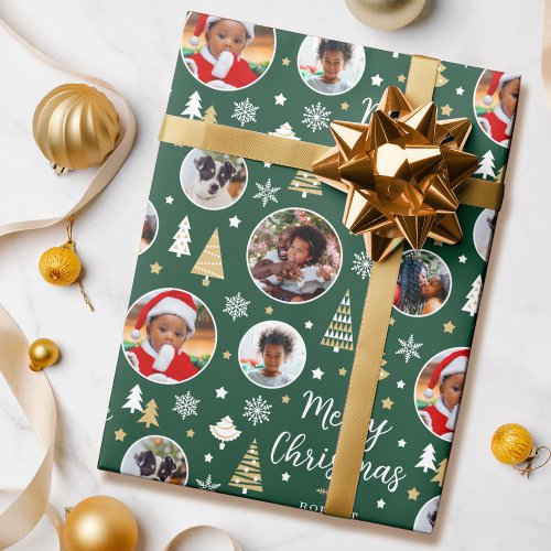 Photo Christmas Trees Custom Name Forest Green Wrapping Paper