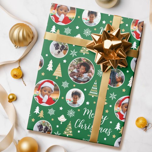 Photo Christmas Trees Custom Name Green Wrapping Paper