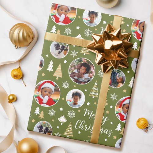 Photo Christmas Trees Custom Name Olive Green Wrapping Paper