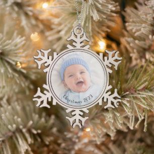 Photo Christmas Typography Year Snowflake Pewter Christmas Ornament