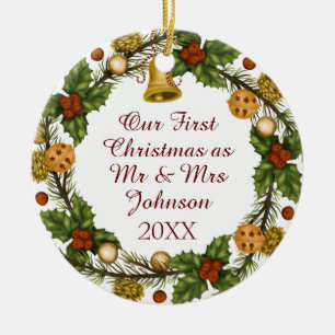 Photo Christmas Wreath First Christmas Mr Mrs Cera Ceramic Ornament