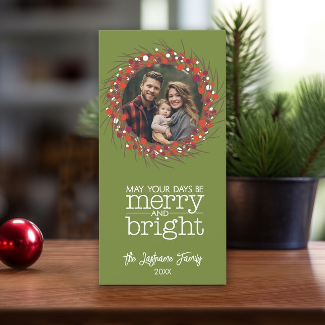 Photo Christmas Wreath - twigs and berries Holiday Card (Online Christmas card template, minimal design with 1 photo. Download option available)