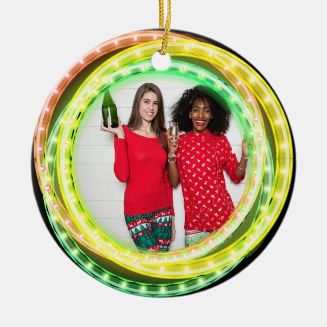 Photo Circular Hula Hoop Christmas Lights Year Ceramic Ornament (Front)