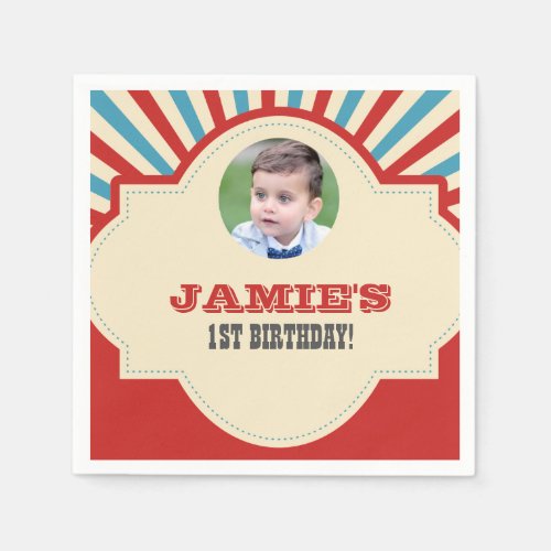 Photo circus themed first birthday party red blue napkins