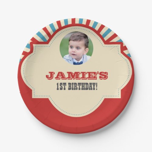 Photo circus themed first birthday party red blue paper plates