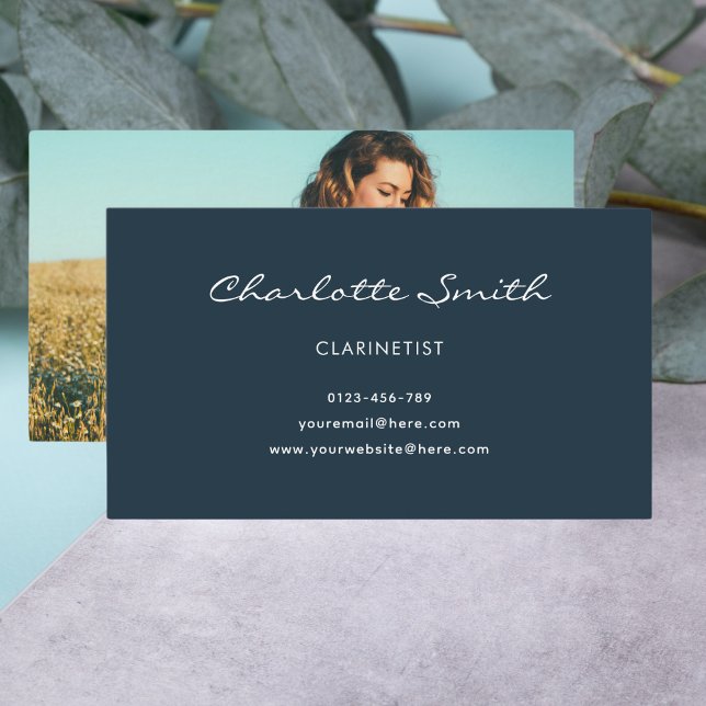 Photo Clarinetist Navy Blue Elegant Business Card (Creator Uploaded)