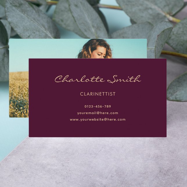 Photo Clarinettist Burgundy Elegant Business Card (Creator Uploaded)