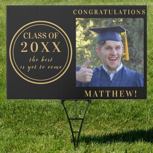 Photo Class of 2025 Black Gold Graduation Yard Sign (Insitu)