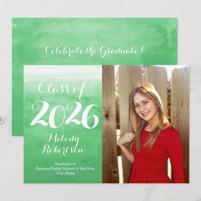 Photo Class of 2026 Graduation Green Watercolor Invitation (Front/Back)