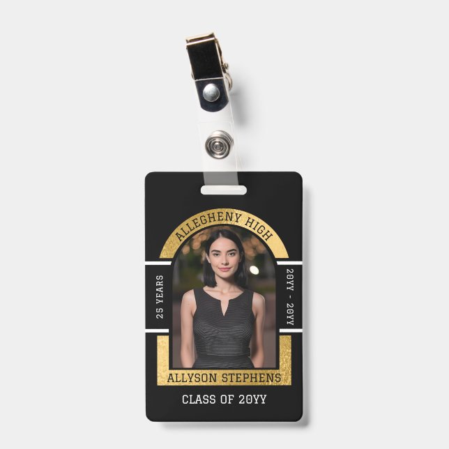 Photo Class Reunion Name Badge Black Gold School (Front with Clip)