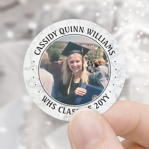 Photo Class Year Black and White Marble Graduation Classic Round Sticker