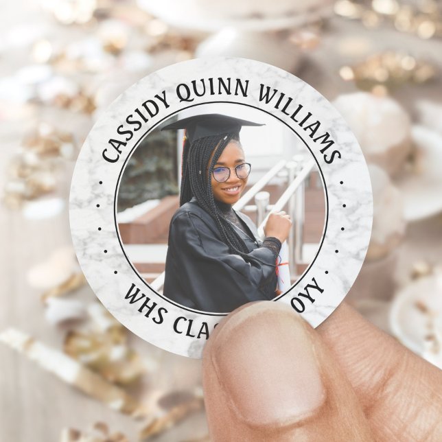 Photo Class Year Black and White Marble Graduation Classic Round Sticker (Creator Uploaded)