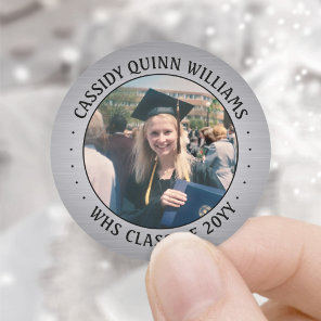 Photo Class Year Black Silver Faux Foil Graduation Classic Round Sticker