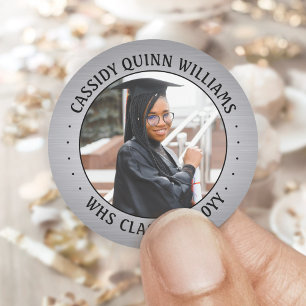 Photo Class Year Black Silver Faux Foil Graduation Classic Round Sticker