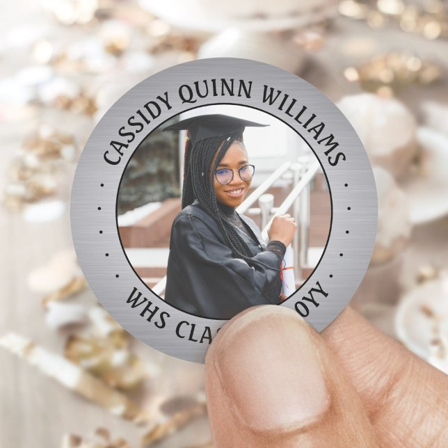Photo Class Year Black Silver Faux Foil Graduation Classic Round Sticker (Creator Uploaded)