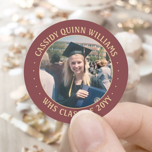 Photo Class Year Burgundy Red and Gold Graduation Classic Round Sticker