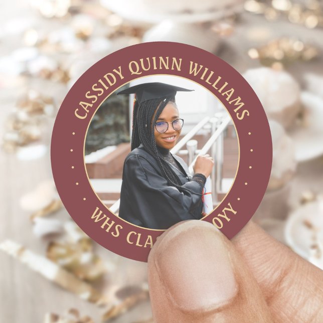 Photo Class Year Burgundy Red and Gold Graduation Classic Round Sticker (Creator Uploaded)