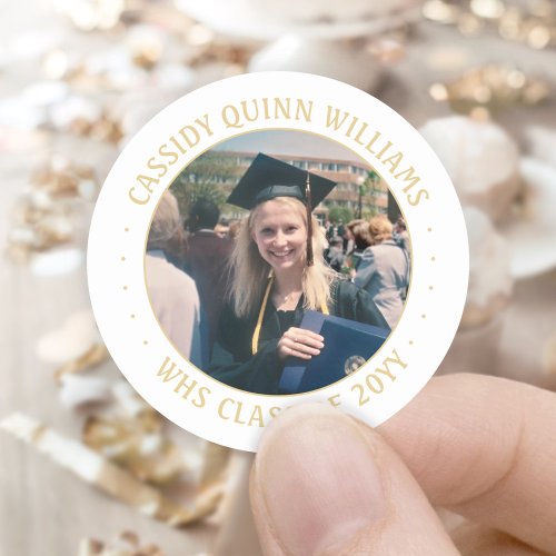 Photo Class Year Gold and White Modern Graduation Classic Round Sticker