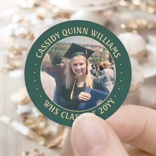 Photo Class Year Green and Gold Modern Graduation Classic Round Sticker