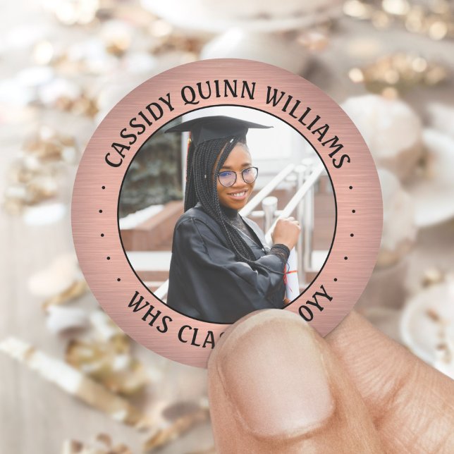 Photo Class Year Pink Rose Gold & Black Graduation Classic Round Sticker (Creator Uploaded)