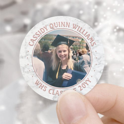 Photo Class Year Pink Rose Gold Marble Graduation Classic Round Sticker