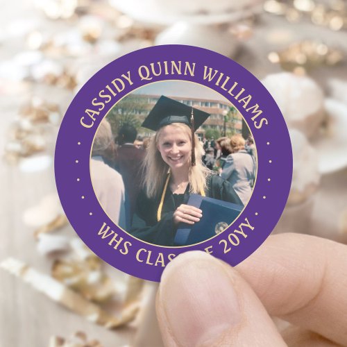 Photo Class Year Purple and Gold Modern Graduation Classic Round Sticker