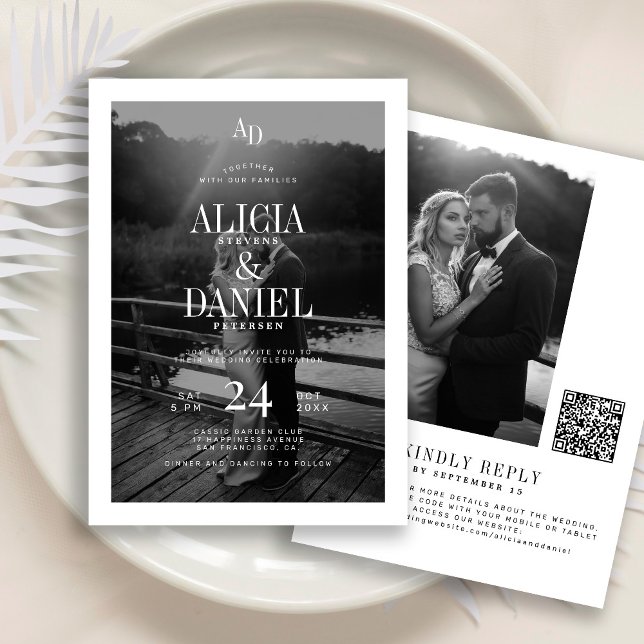 Photo classic black and white QR code RSVP wedding Invitation (Creator Uploaded)