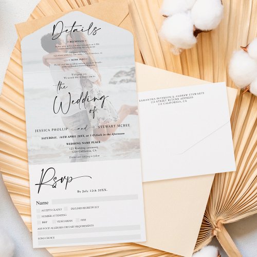 Photo classic black white chic calligraphy wedding all in one invitation